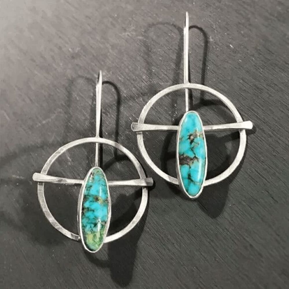 SILVER TURQUOISE WESTERN ROUND CROSS DANGLE EARRINGS